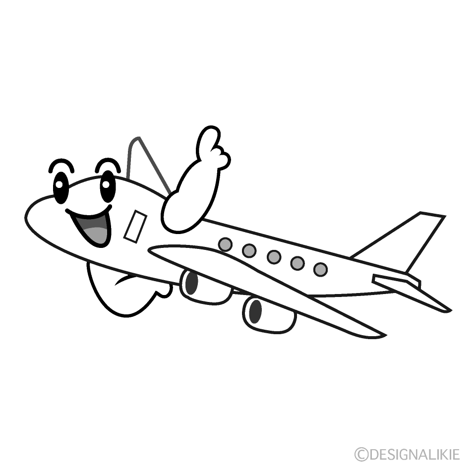 かわいい指差す飛行機白黒イラスト