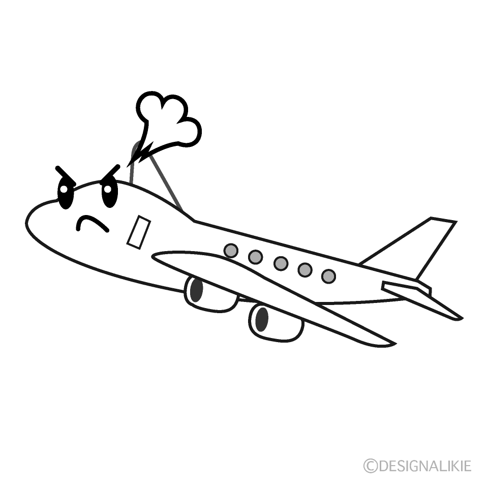 かわいい怒る飛行機白黒イラスト