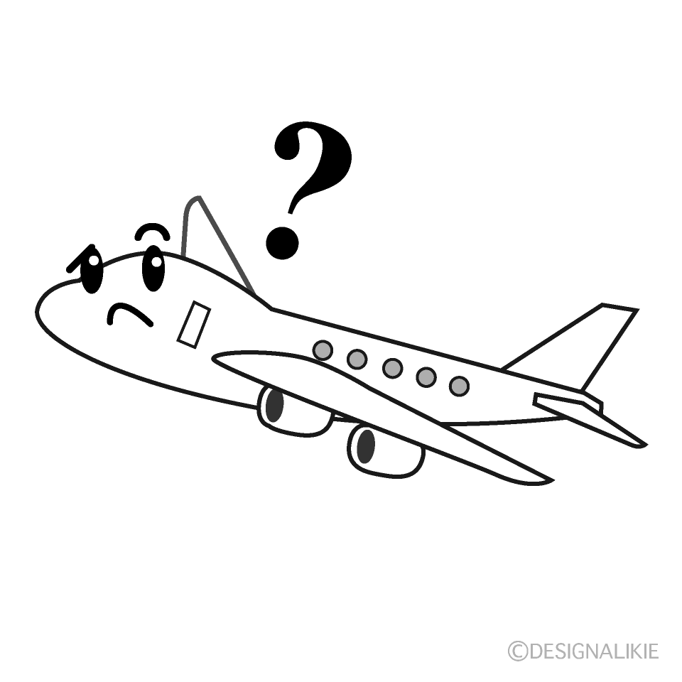 かわいい考える飛行機白黒イラスト