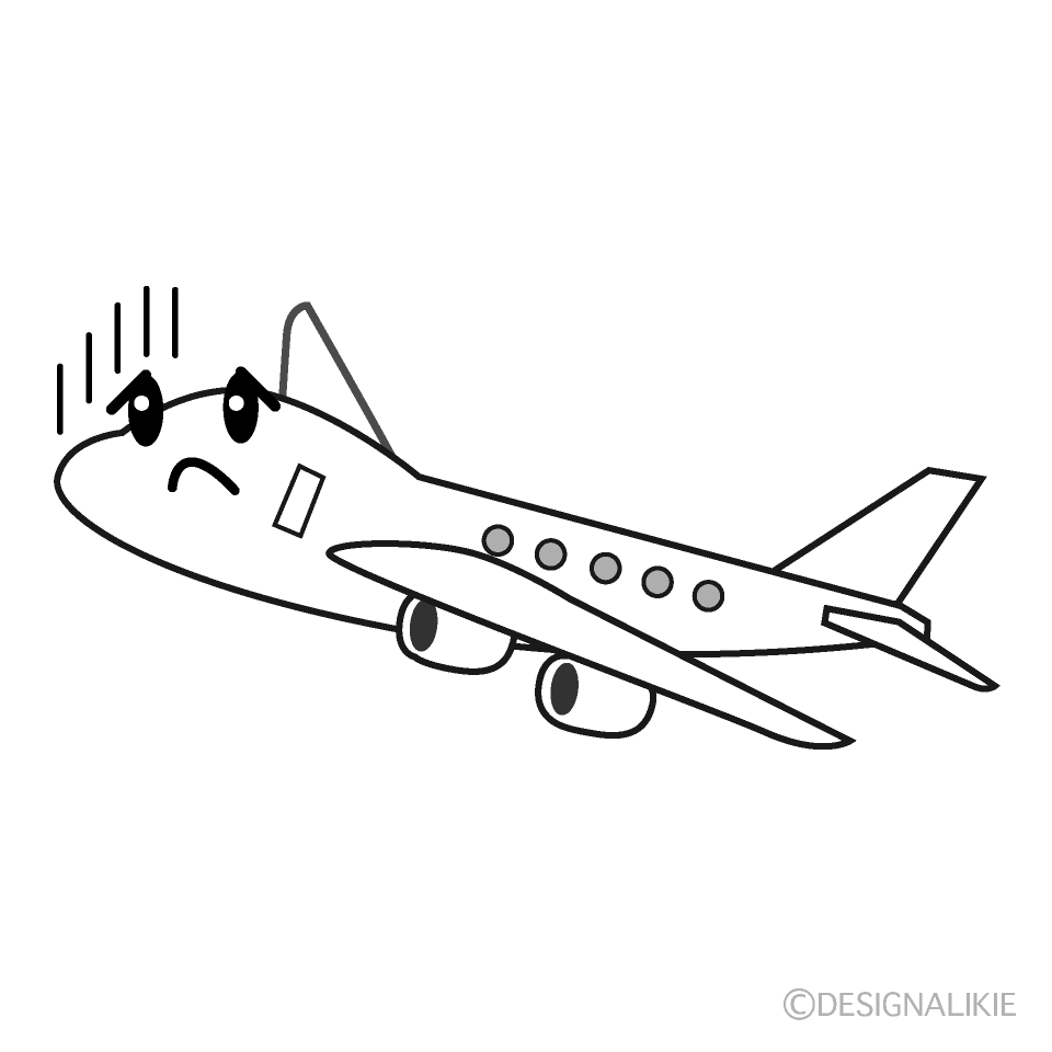 かわいい落ち込む飛行機白黒イラスト