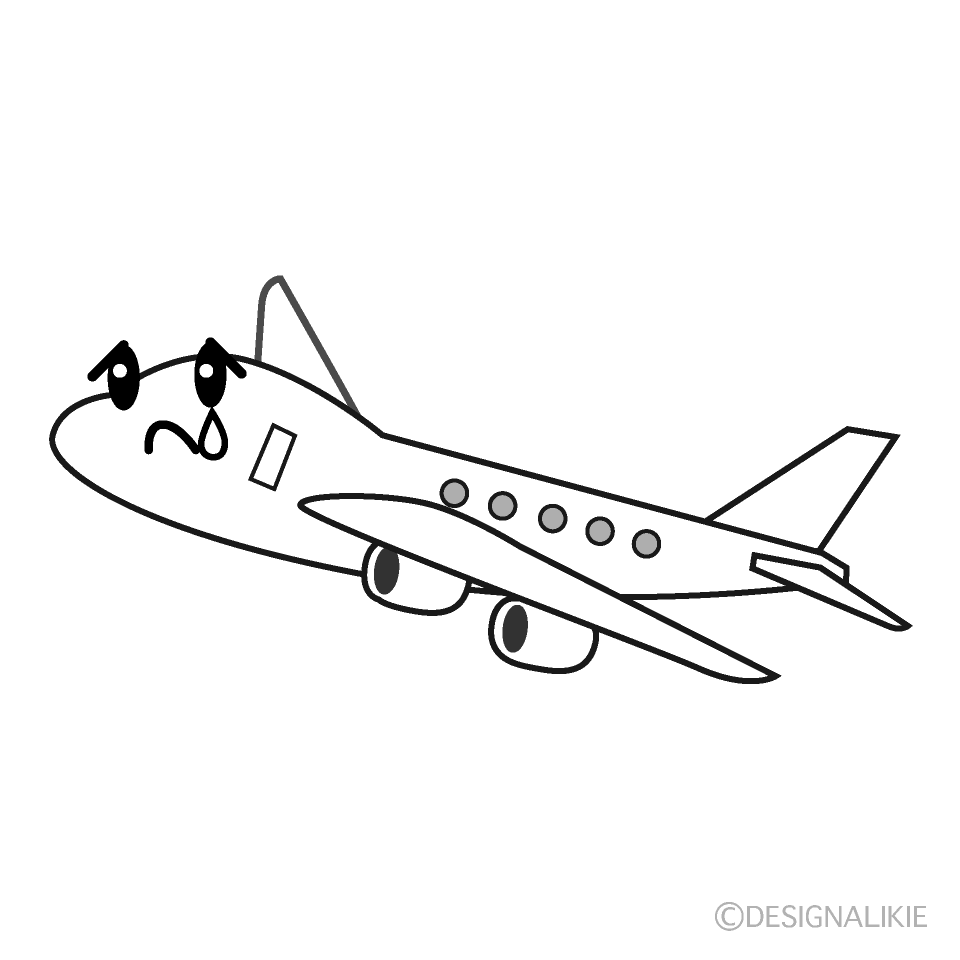 かわいい泣く飛行機白黒イラスト