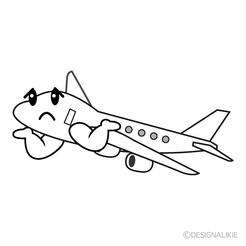 かわいい困る飛行機白黒イラスト