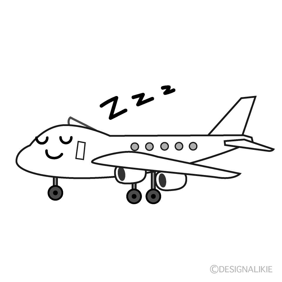 かわいい寝る飛行機白黒イラスト