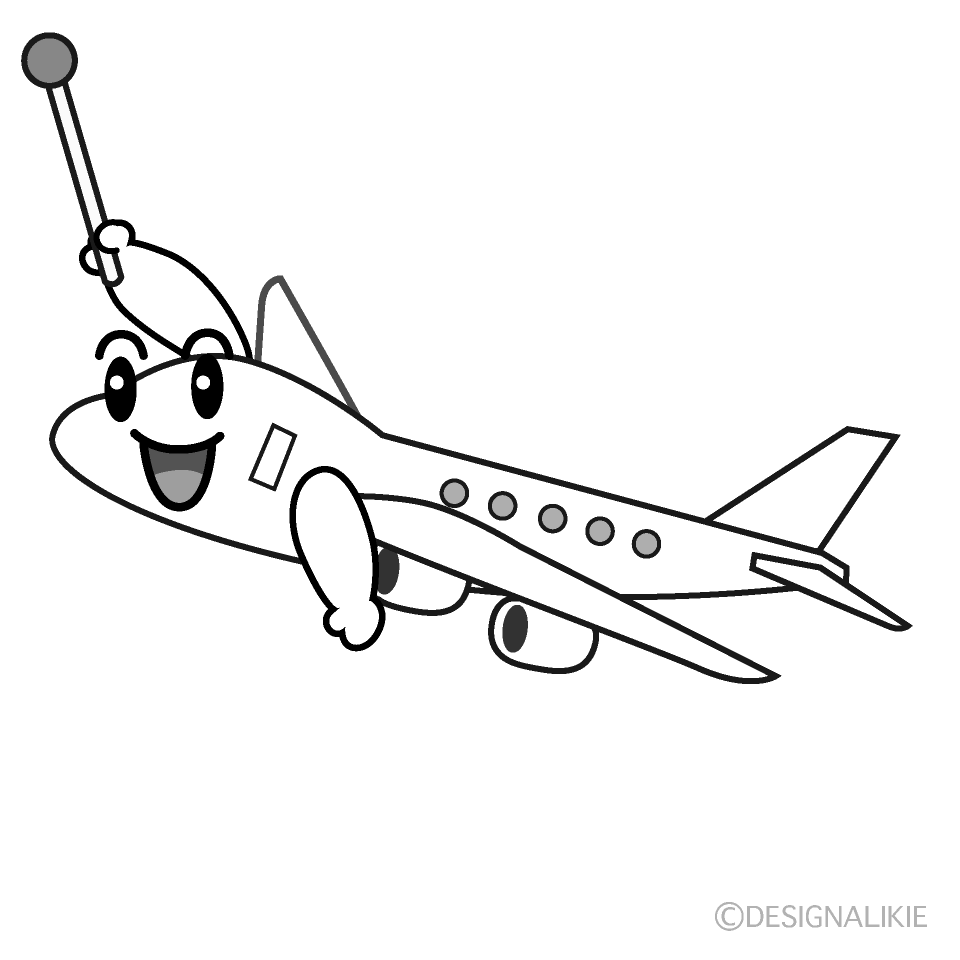 かわいい説明する飛行機白黒イラスト