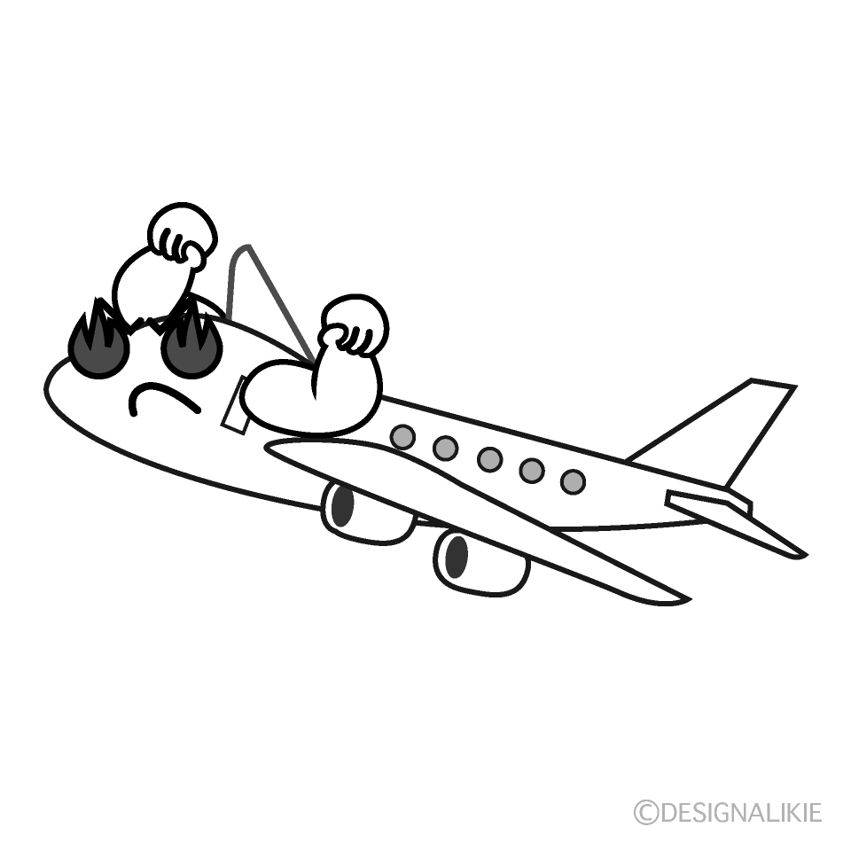 かわいい力強い飛行機白黒イラスト