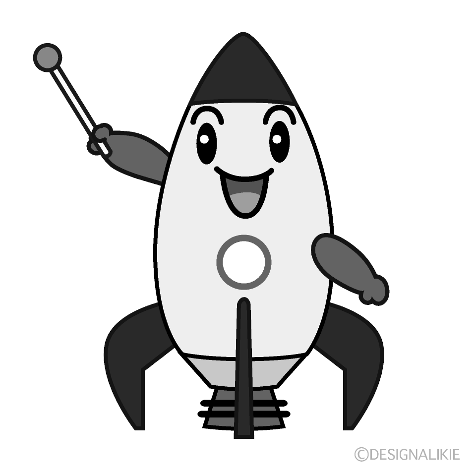 かわいい説明するロケット白黒イラスト