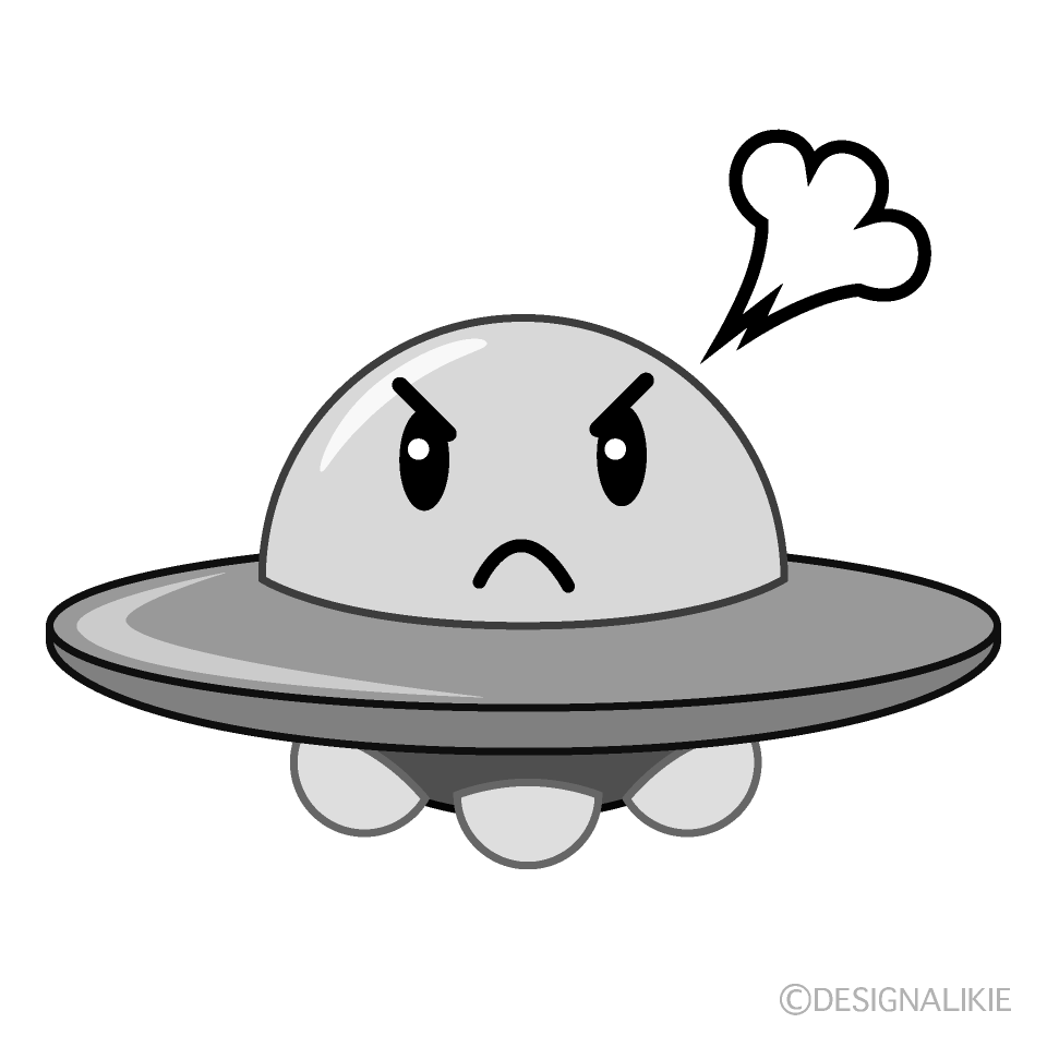 かわいい怒るUFO白黒イラスト