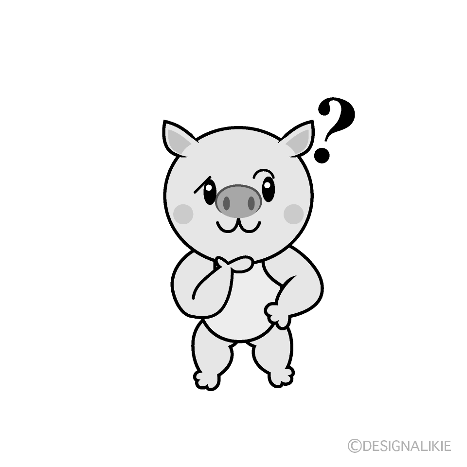 かわいい考えるブタ白黒イラスト