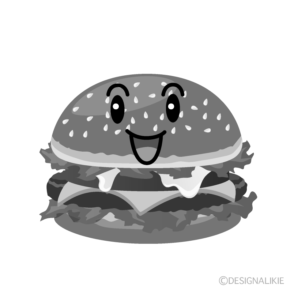 かわいい笑顔のハンバーガー白黒イラスト