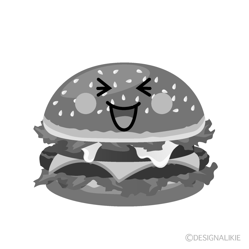 かわいい笑うハンバーガー白黒イラスト