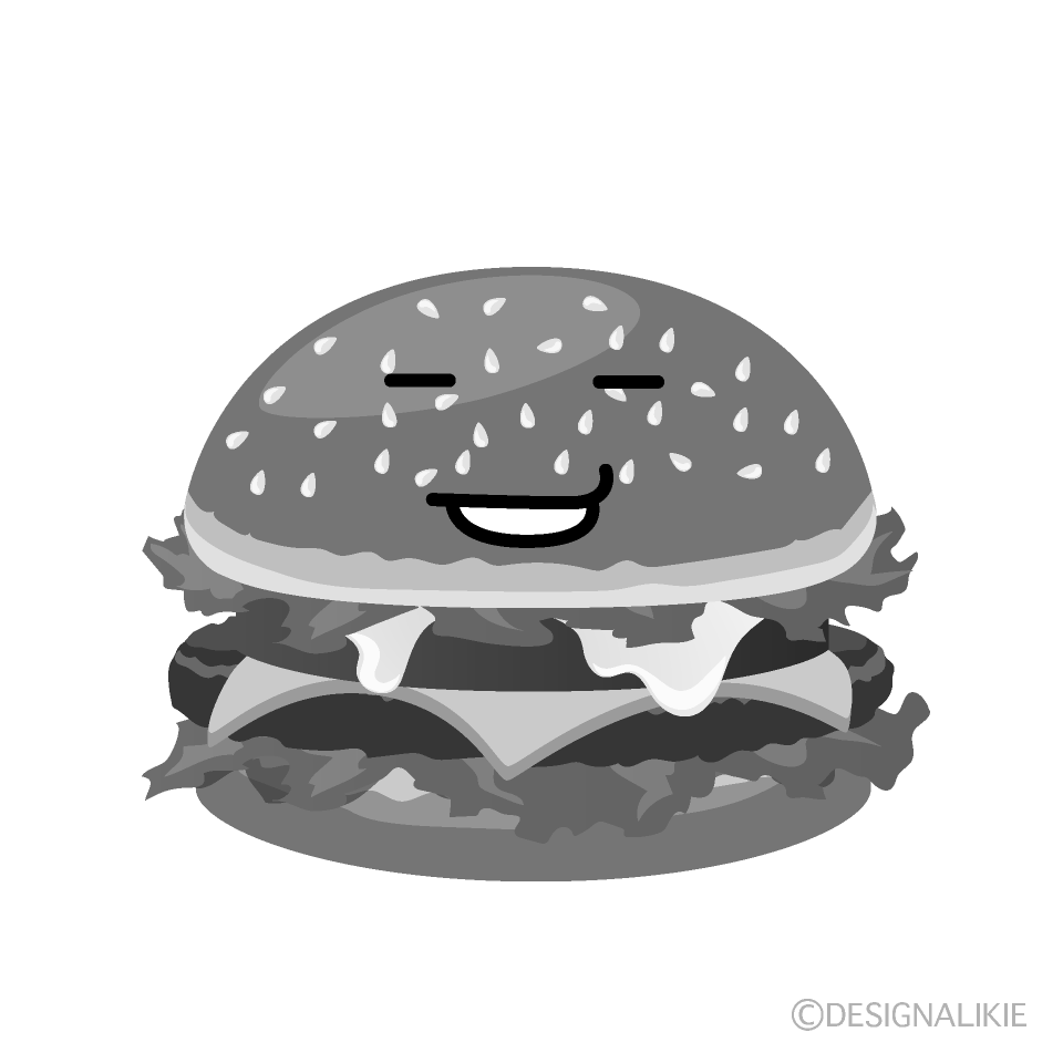 かわいいニヤリとするハンバーガー白黒イラスト