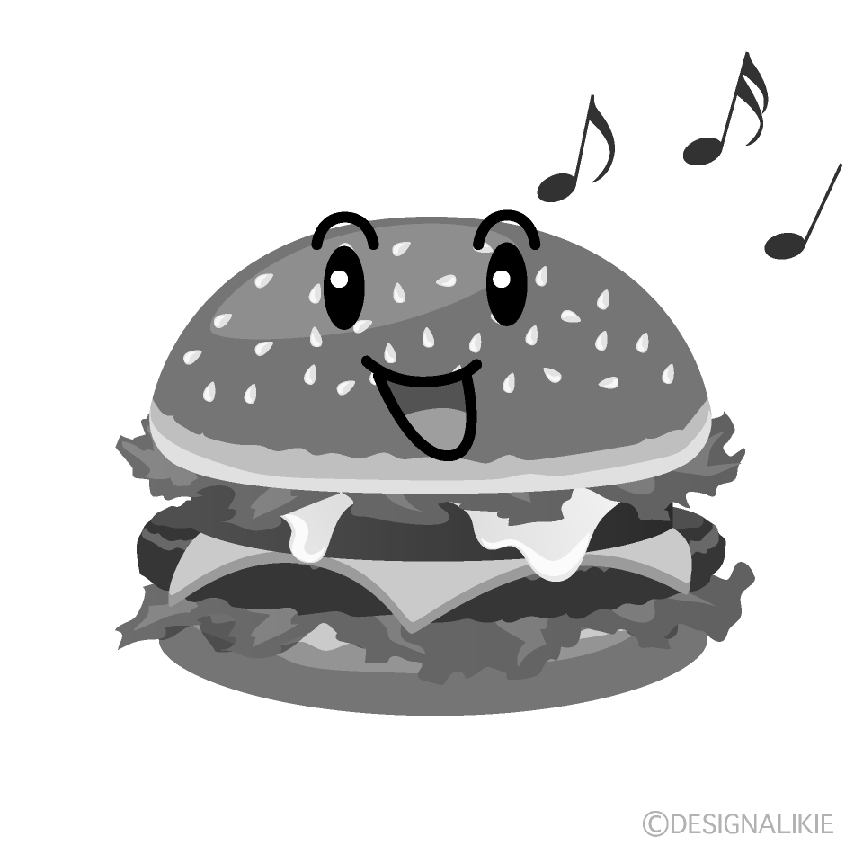 かわいい歌うハンバーガー白黒イラスト