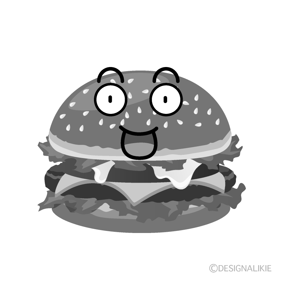 かわいい驚くハンバーガー白黒イラスト