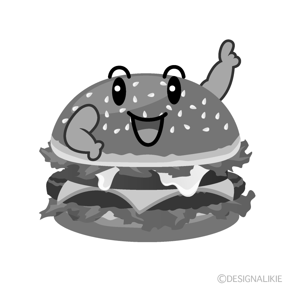 かわいい指差しハンバーガー白黒イラスト