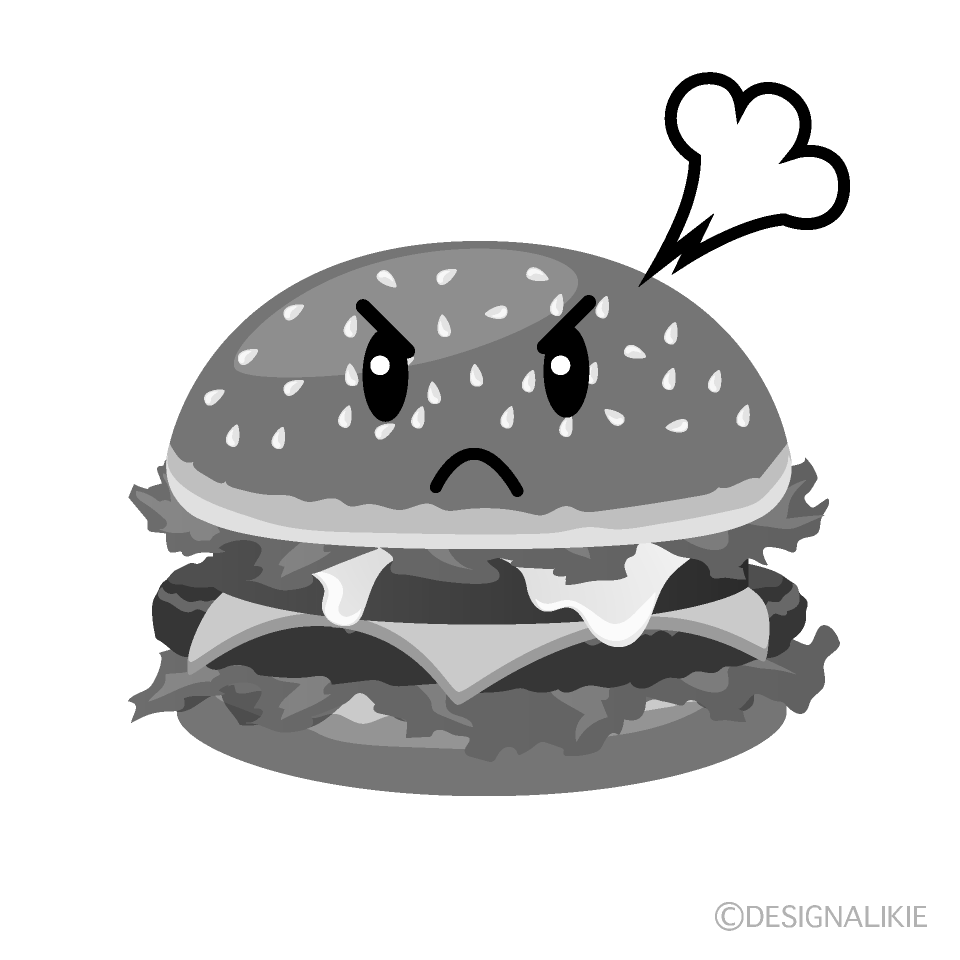 かわいい怒るハンバーガー白黒イラスト