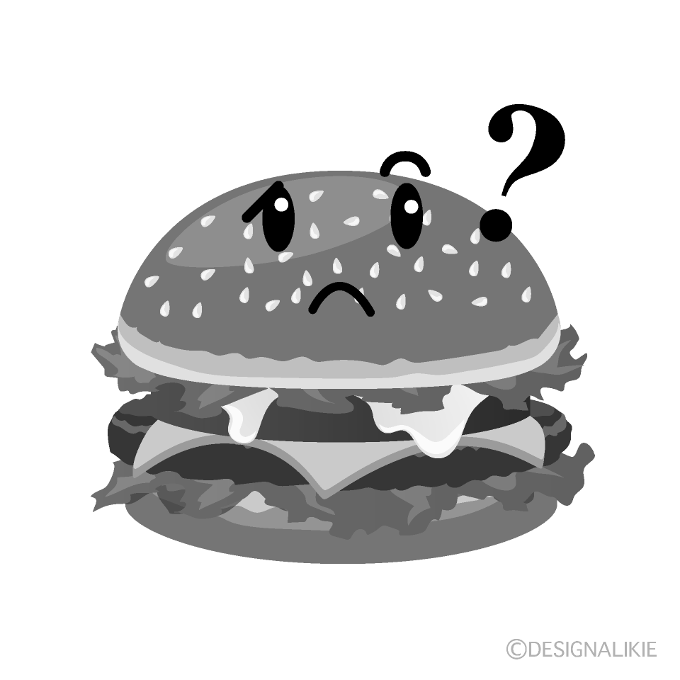 かわいい考えるハンバーガー白黒イラスト