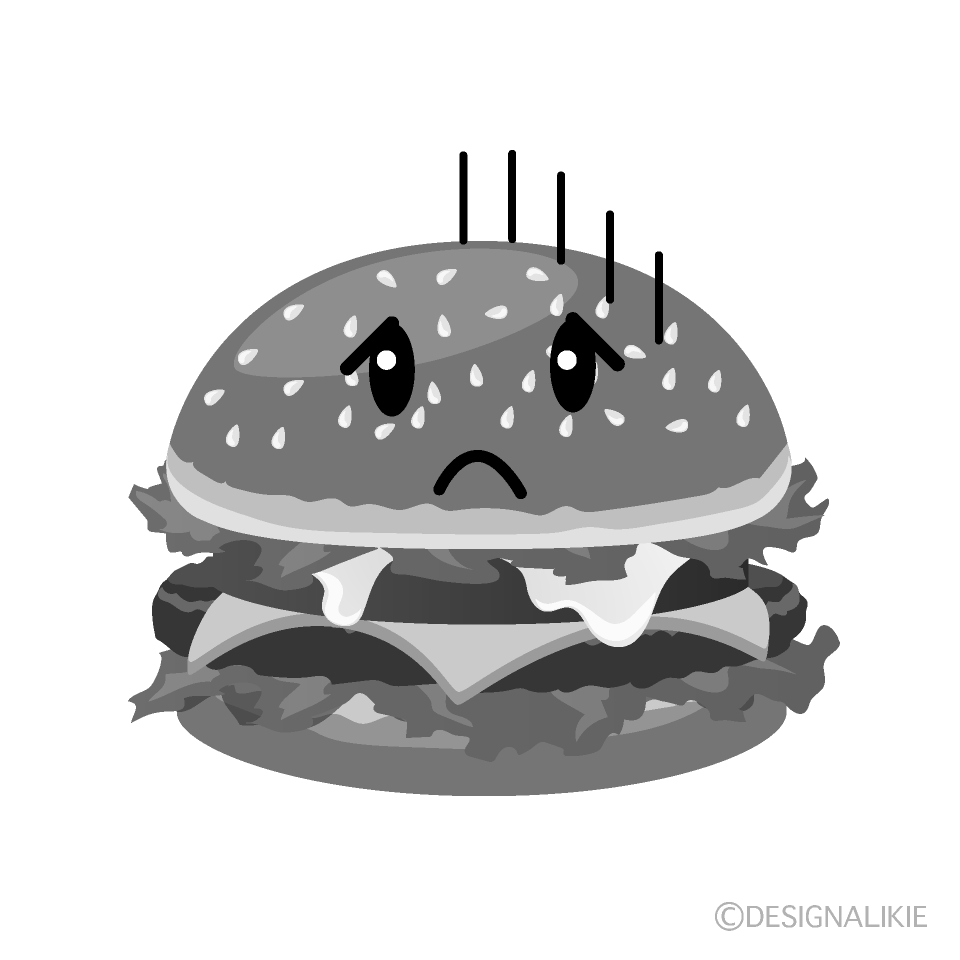 かわいい落ち込むハンバーガー白黒イラスト