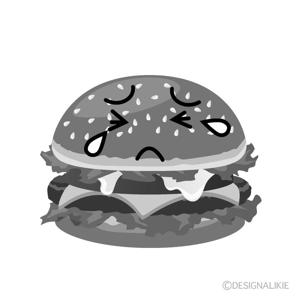 かわいい泣くハンバーガー白黒イラスト