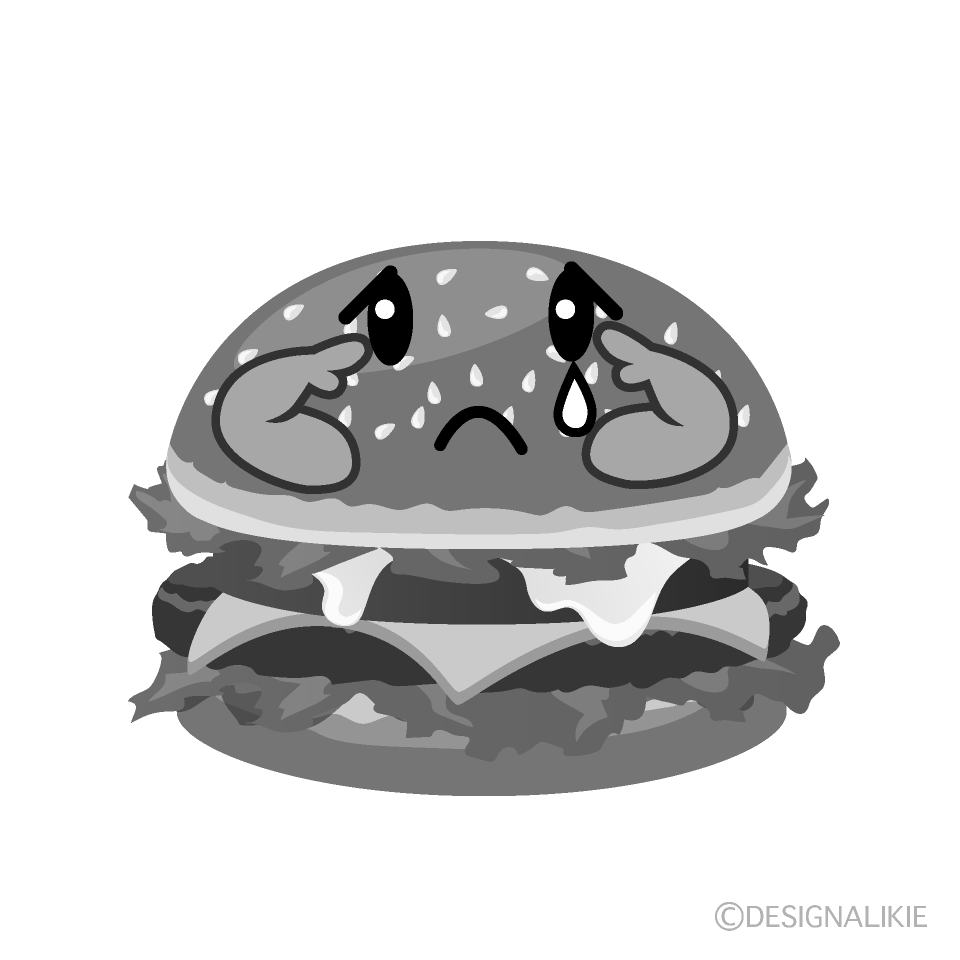 かわいい悲しいハンバーガー白黒イラスト