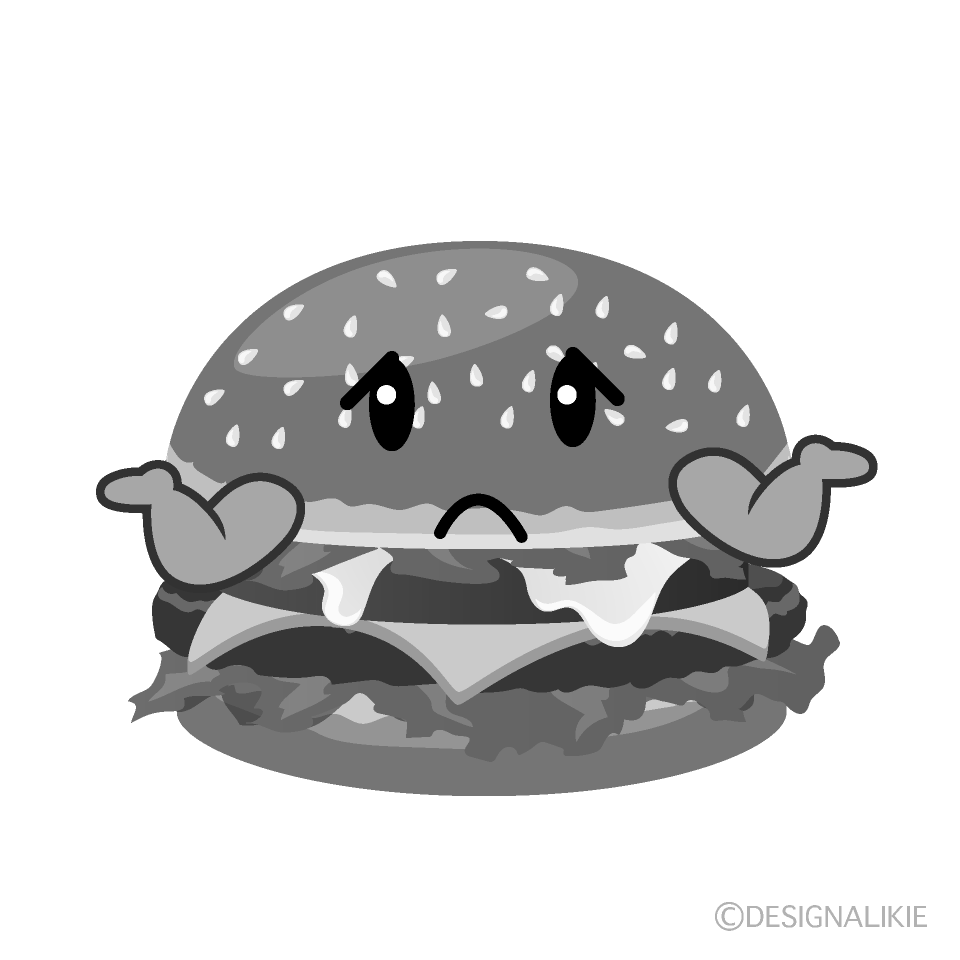 かわいい困るハンバーガー白黒イラスト