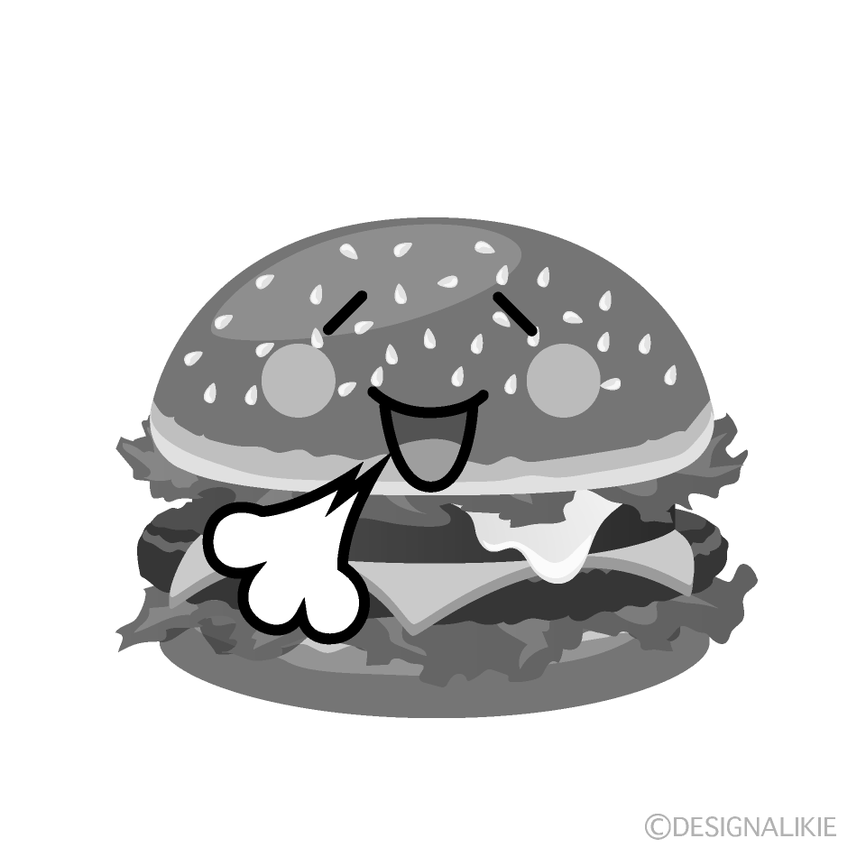 かわいいリラックスするハンバーガー白黒イラスト