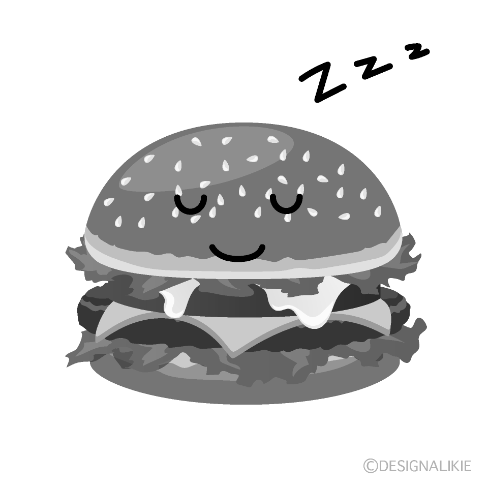 かわいい寝るハンバーガー白黒イラスト