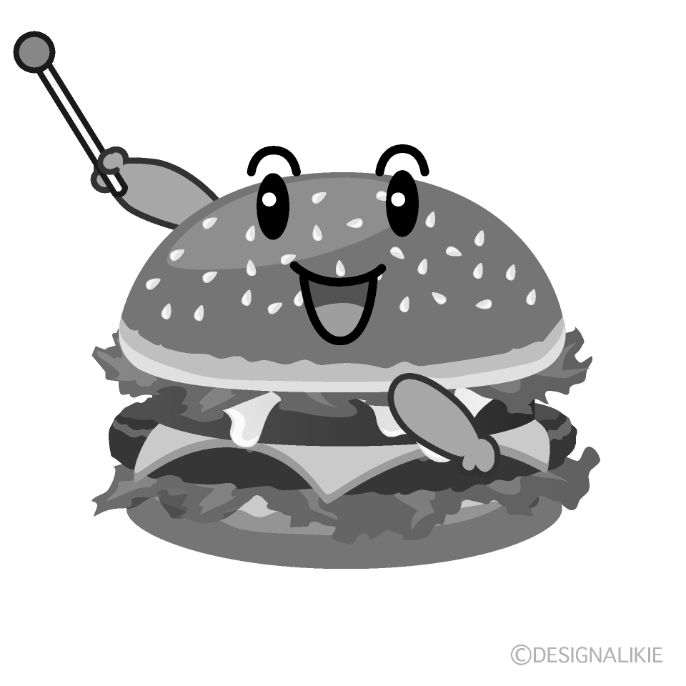 かわいい説明するハンバーガー白黒イラスト