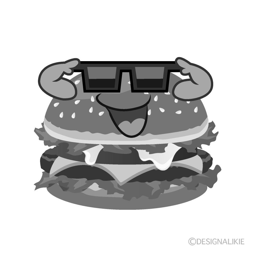 かわいいサングラスのハンバーガー白黒イラスト