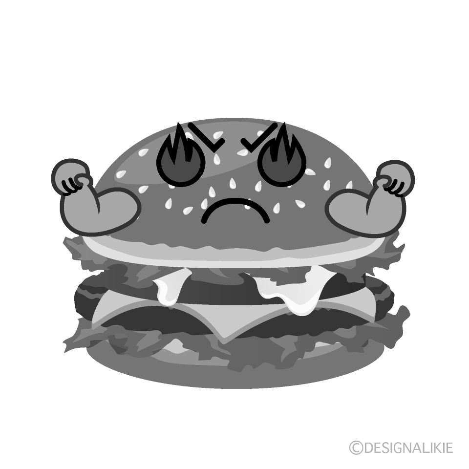 かわいい燃えるハンバーガー白黒イラスト