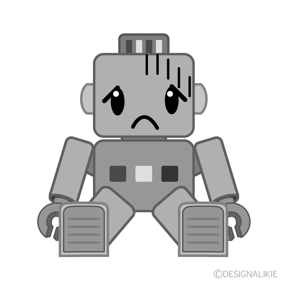 かわいい落ち込むロボット白黒イラスト