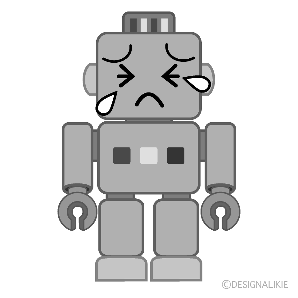 かわいい泣くロボット白黒イラスト