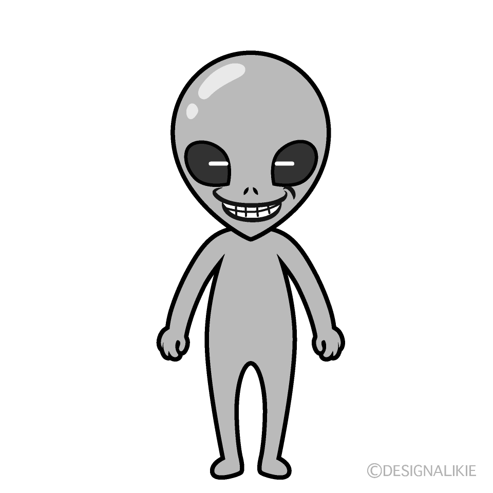 かわいいニヤリとする宇宙人白黒イラスト