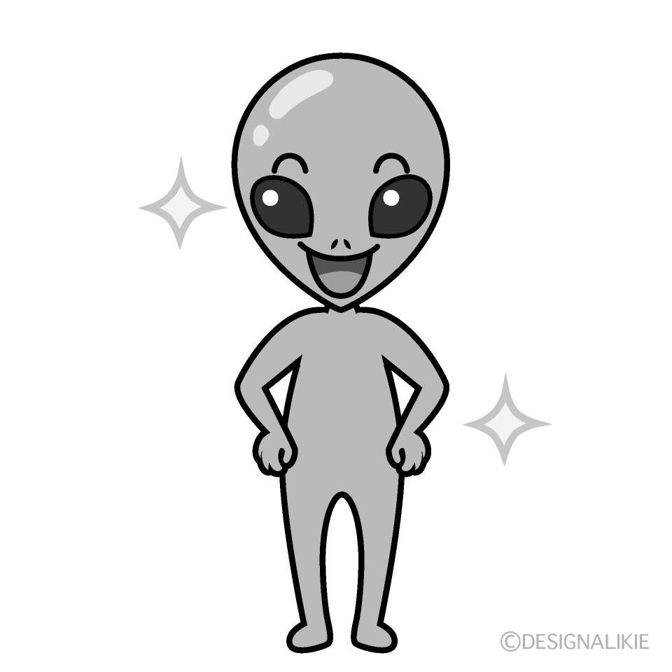 かわいい自信満々な宇宙人白黒イラスト