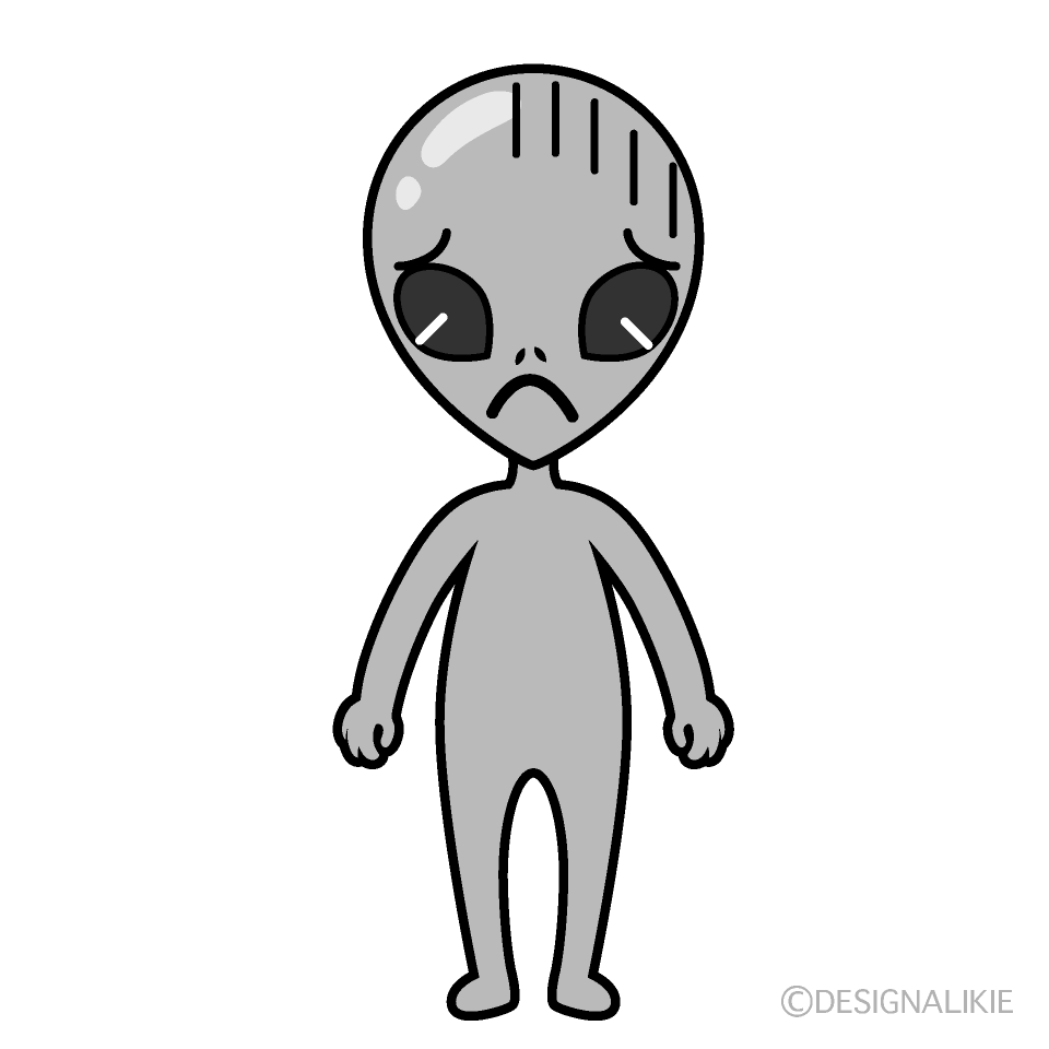 かわいい落ち込む宇宙人白黒イラスト