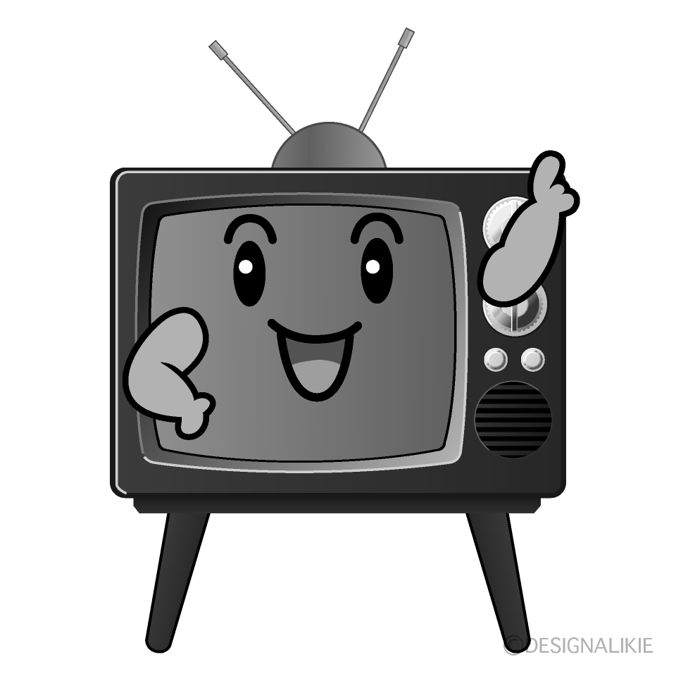 かわいい指差し古いテレビ白黒イラスト