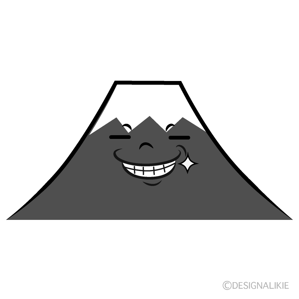 かわいいニヤリと笑う富士山白黒イラスト