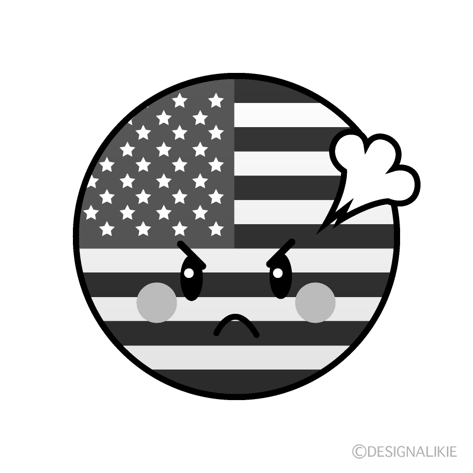 かわいい怒るアメリカ国旗（丸型）白黒イラスト