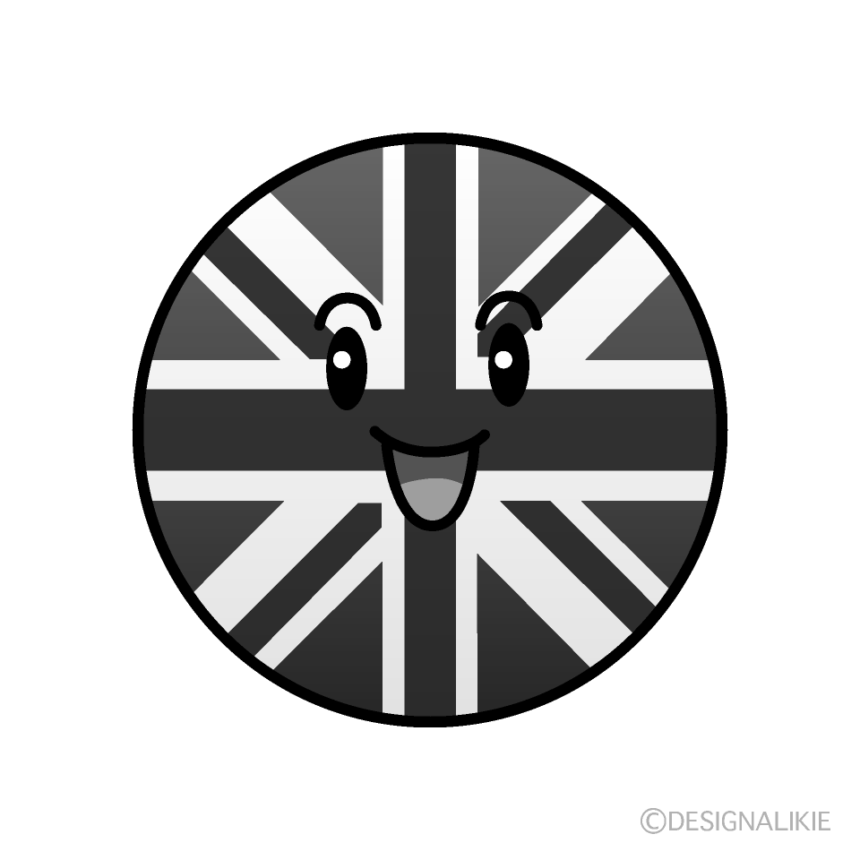 かわいい笑顔のイギリス国旗（丸型）白黒イラスト