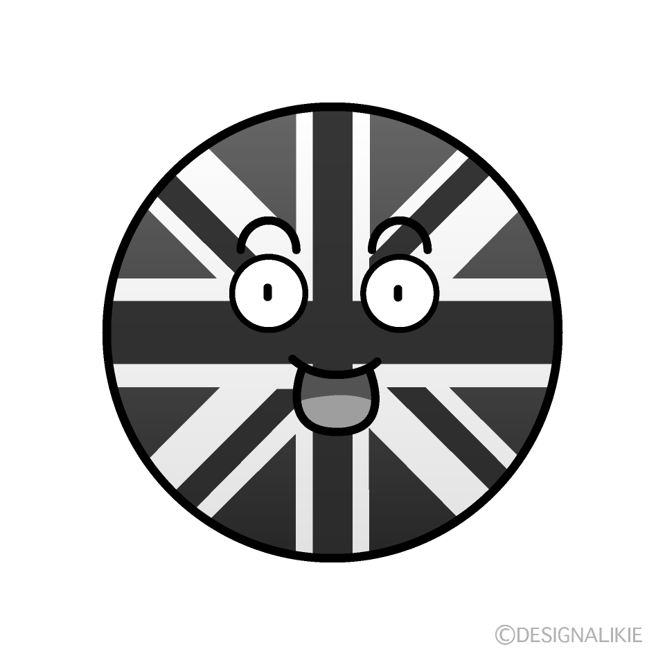 かわいい驚くイギリス国旗（丸型）白黒イラスト