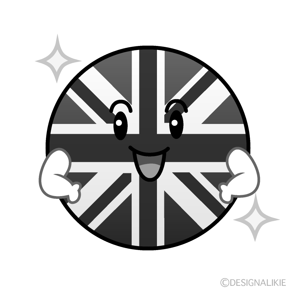 かわいい自信満々なイギリス国旗（丸型）白黒イラスト