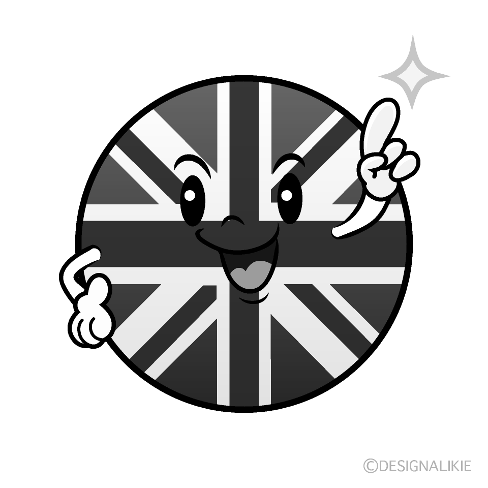 かわいい指差しイギリス国旗（丸型）白黒イラスト