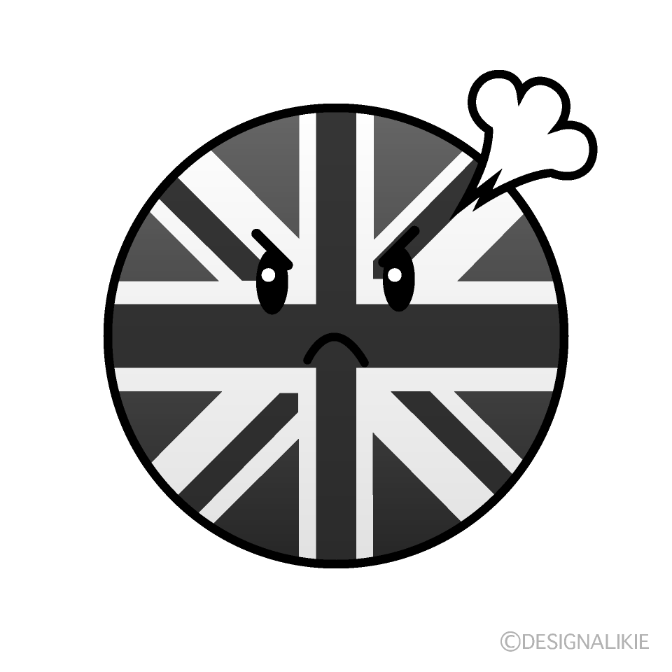 かわいい怒るイギリス国旗（丸型）白黒イラスト