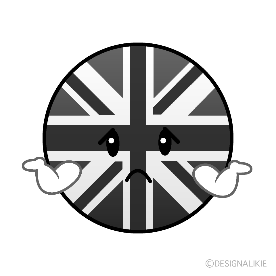 かわいい困るイギリス国旗（丸型）白黒イラスト