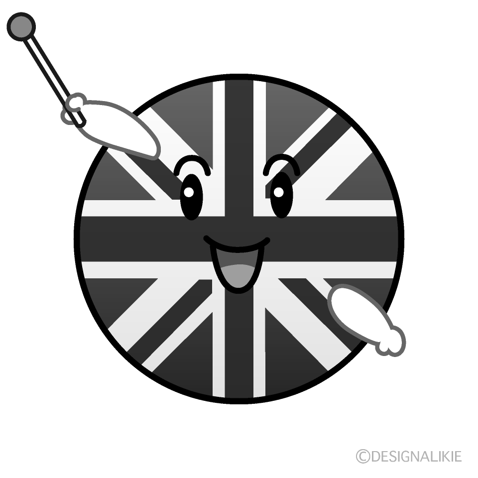 かわいい説明するイギリス国旗（丸型）白黒イラスト