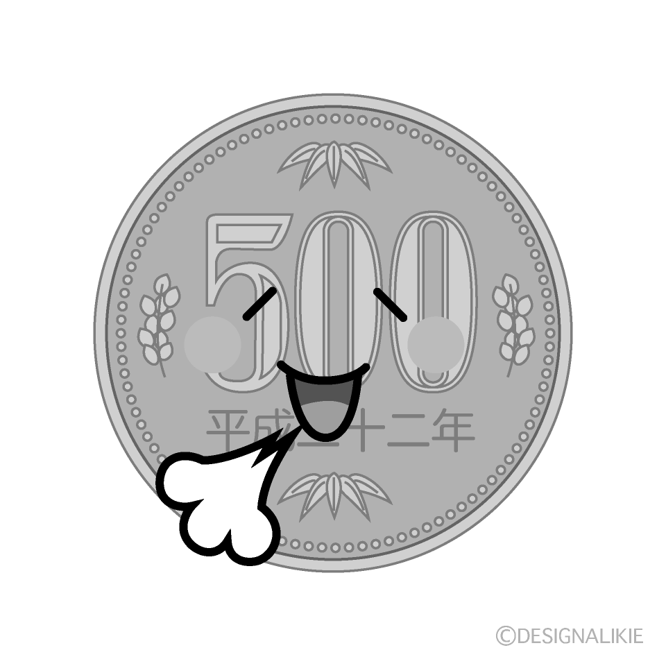 かわいいリラックスする500円硬貨白黒イラスト