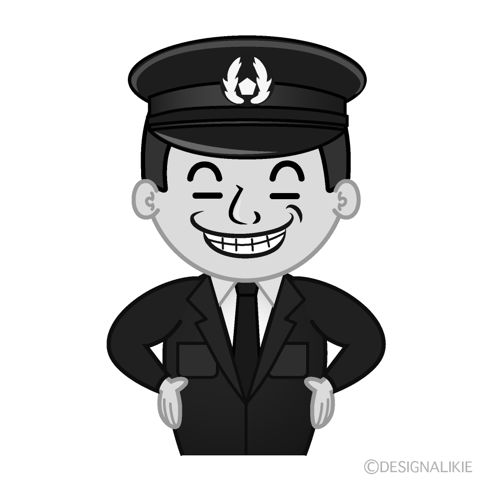 かわいいニヤリと笑う警察官白黒イラスト