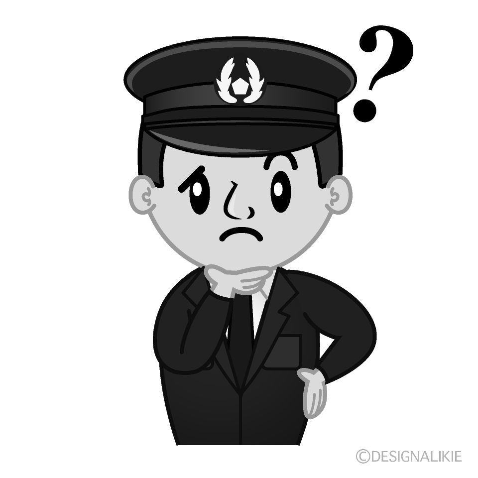 かわいい考える警察官白黒イラスト