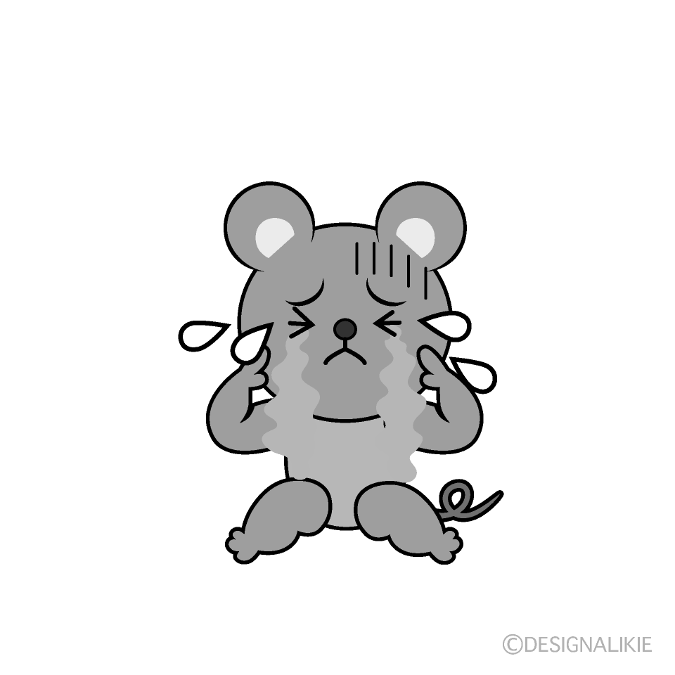 かわいい泣くネズミ白黒イラスト