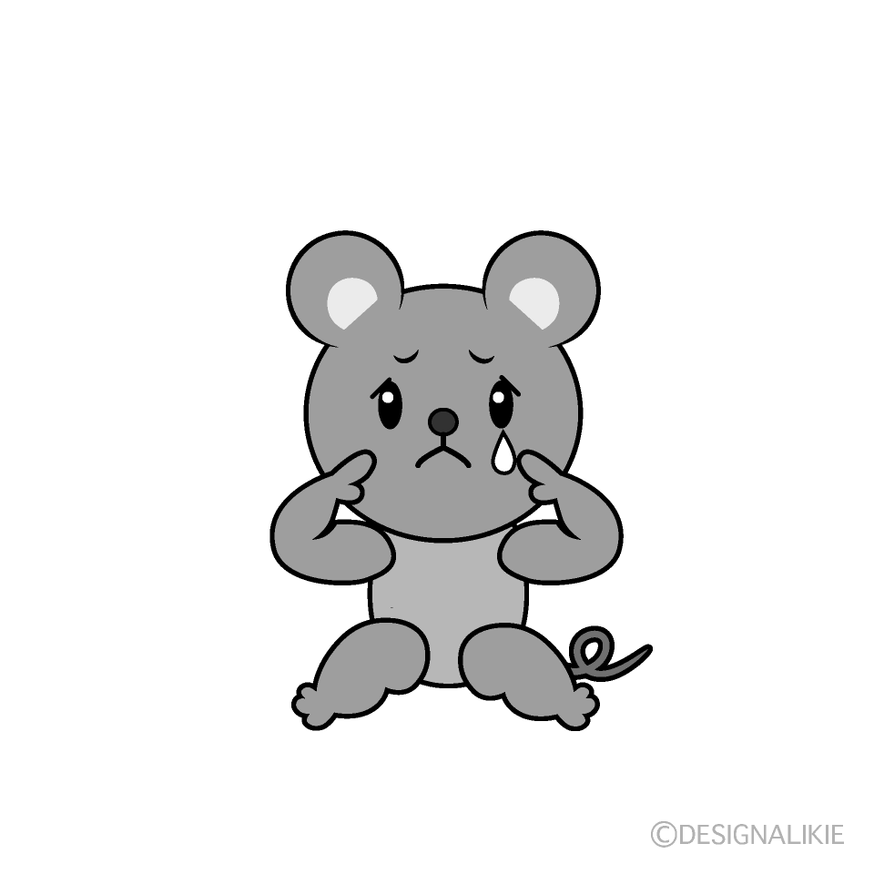 かわいい悲しいネズミ白黒イラスト