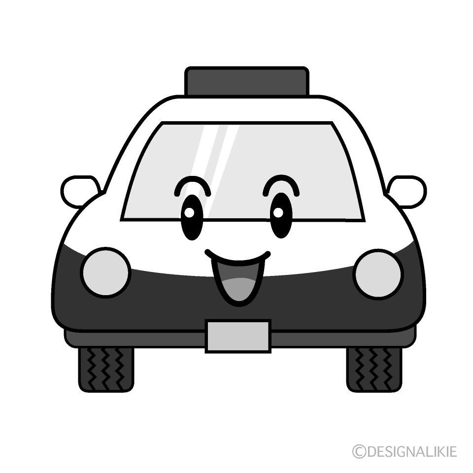 かわいい笑顔のパトカー白黒イラスト